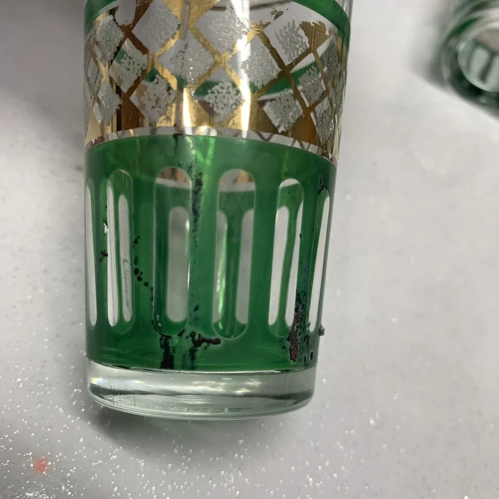 Vintage Set of 6‎ Shot Glass Green Stripe Gold Trim 3 Oz Made Italy Barware READ